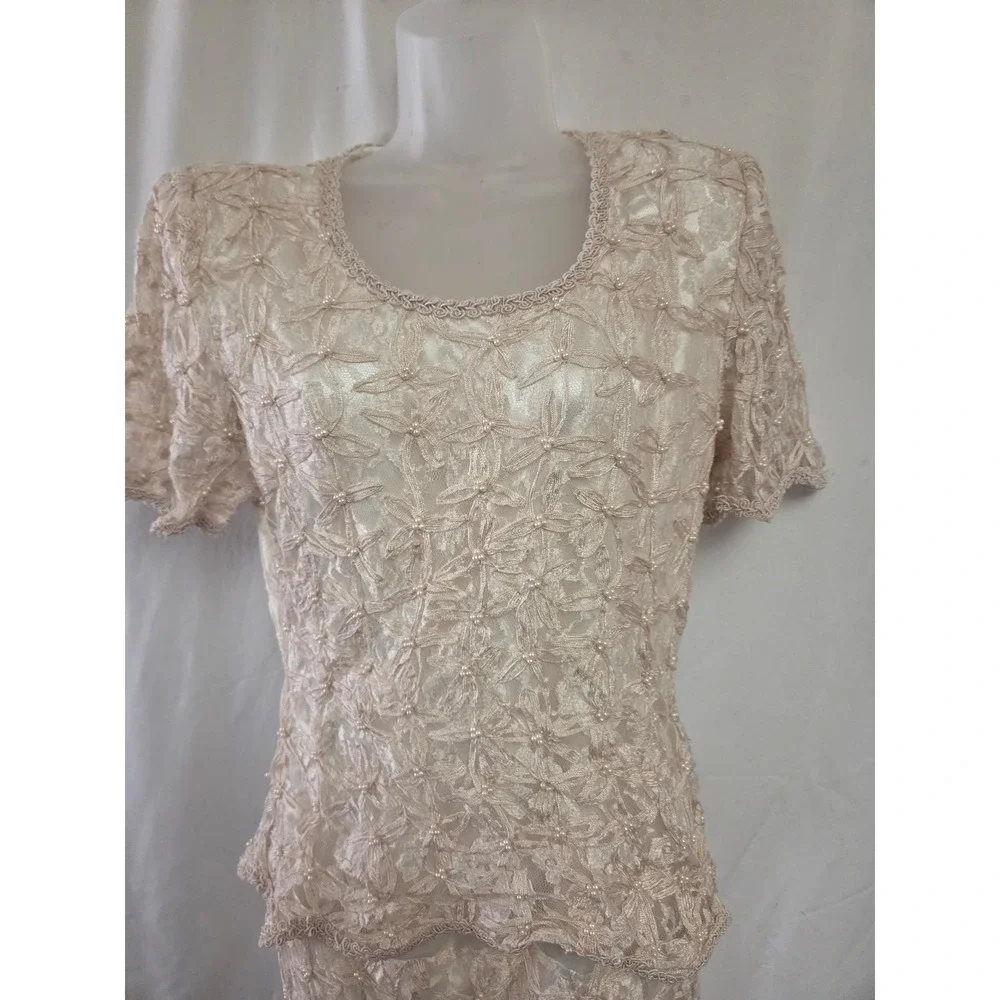 VTG SCALA Beaded Lace 2Pc Evening‎ Gown Set Champagne Mother Bride Formal 90s